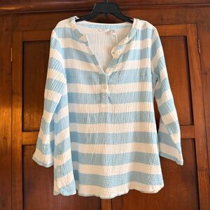 NEW Kaktus Top Shirt SZ L Blue/White Stripe 100% Cotton Roll Button Side Slits